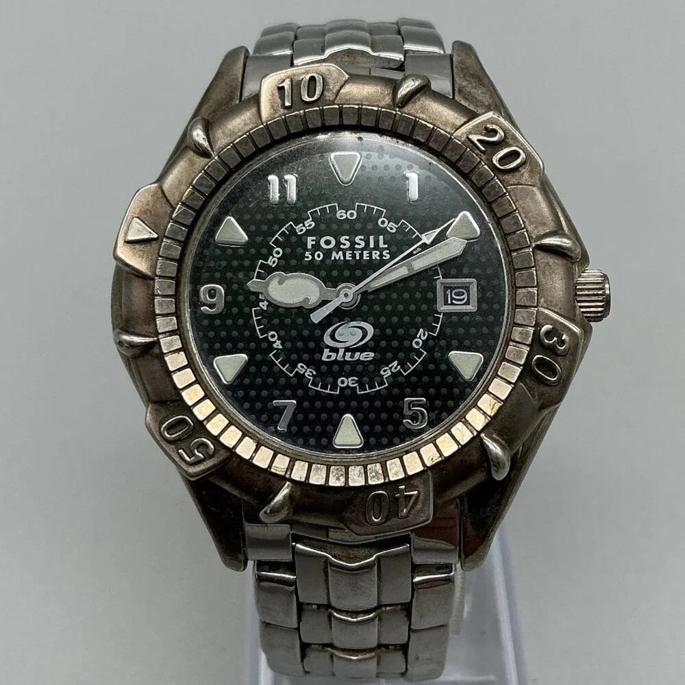 Fossil Blue AM-3091 Mens Watch 39mm Black Dial Silver Tone Date New Battery 6.5